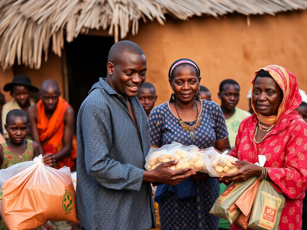 Distribution d'aide humanitaire dans un village
